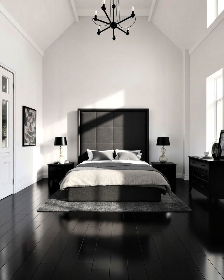 black floor bedroom with high ceilings - 20 Black Floor Bedroom Ideas