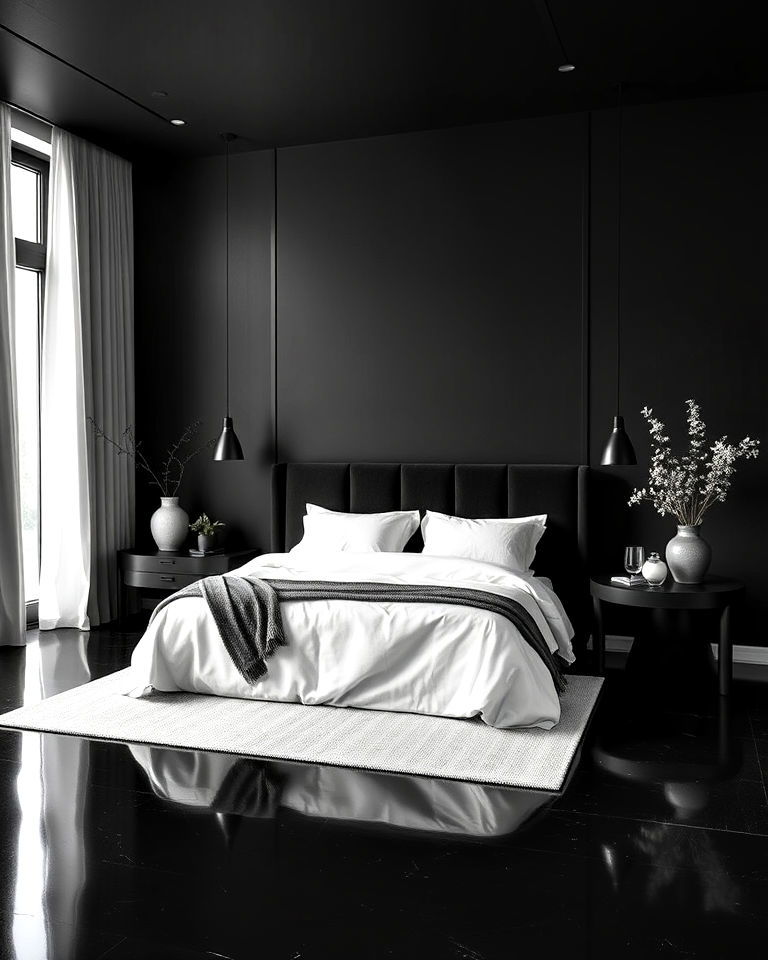 black floor bedroom with monochrome palette - 20 Black Floor Bedroom Ideas