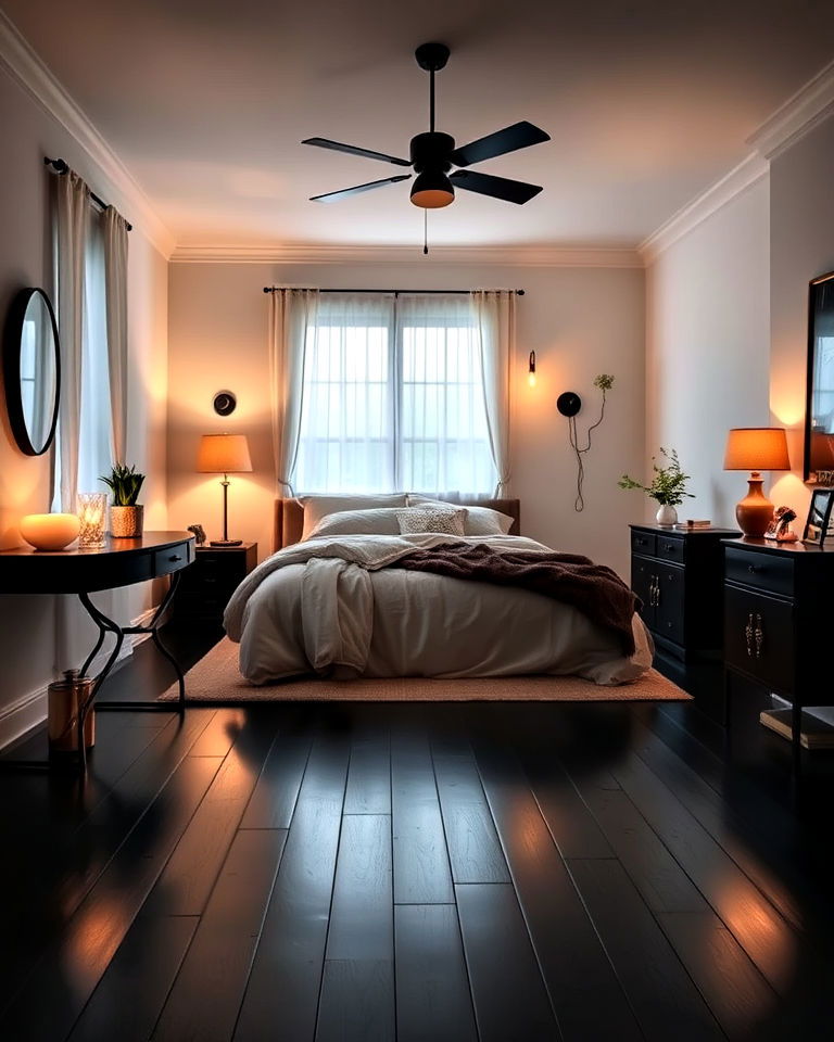 black floor bedroom with soft lighting - 20 Black Floor Bedroom Ideas