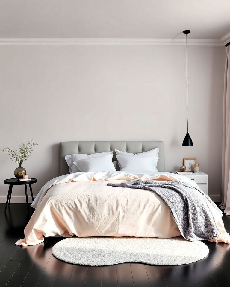 black floor bedroom with soft pastel accents - 20 Black Floor Bedroom Ideas