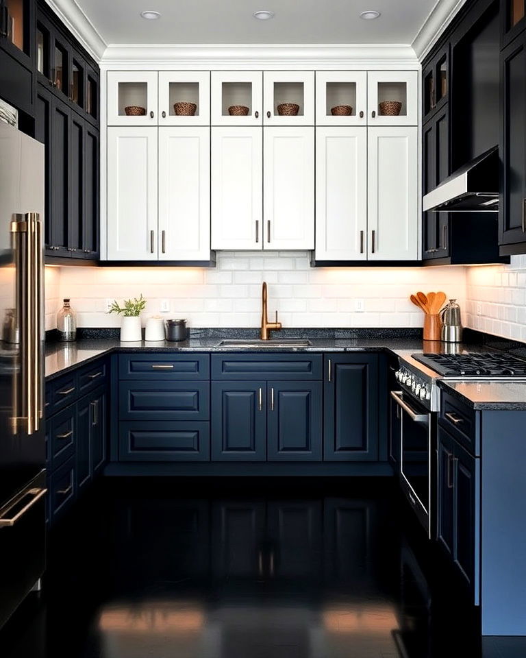 black floor for chic two tone kitchen - 20 Black Floor Kitchen Ideas