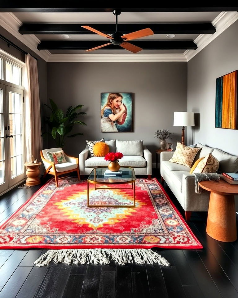 black floor living room with colorful rugs - 25 Black Floor Living Room Ideas