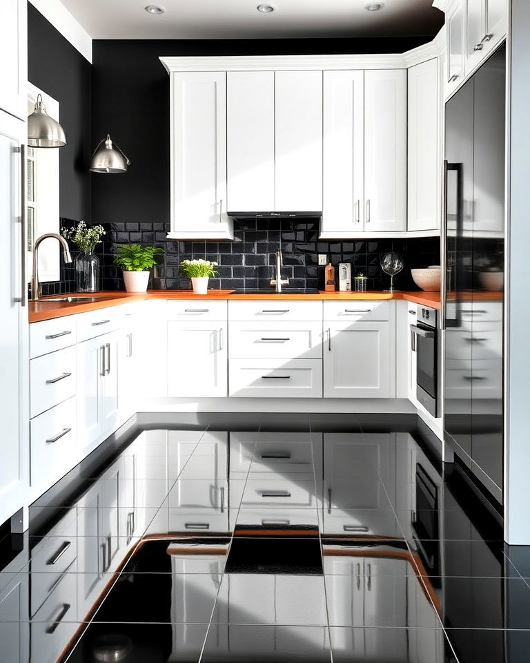black floor paired with crisp white cabinets - 20 Black Floor Kitchen Ideas
