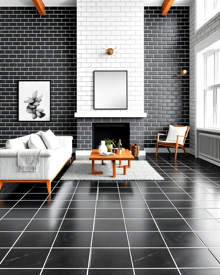 black floor tiles with white grout - 25 Black Floor Living Room Ideas