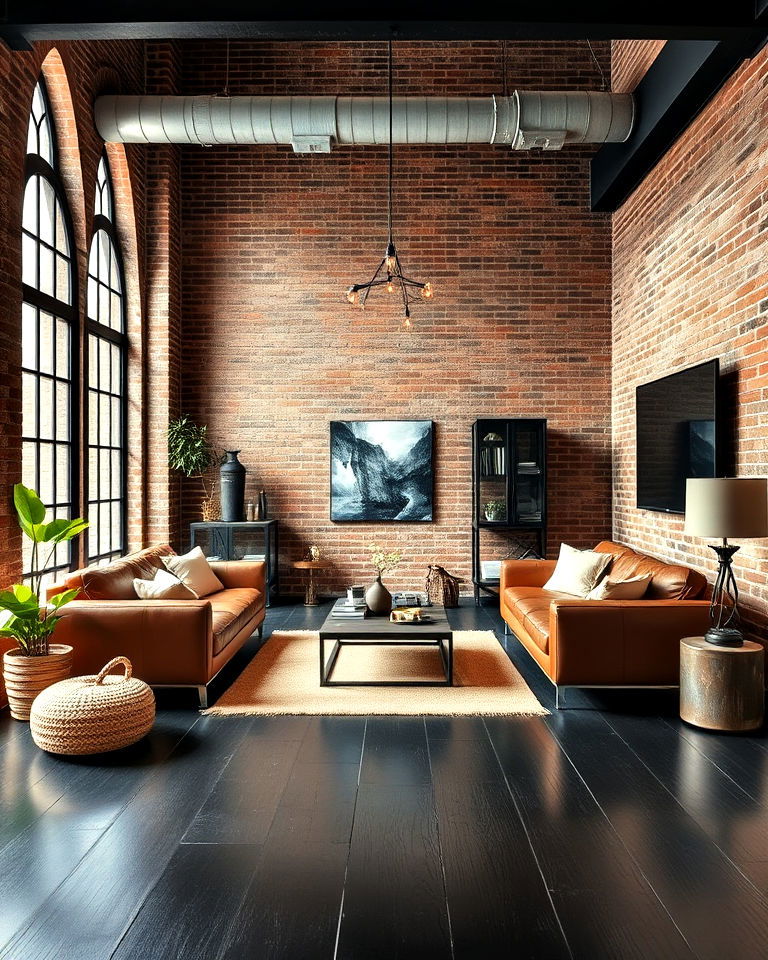black floor with exposed brick walls for living room - 25 Black Floor Living Room Ideas