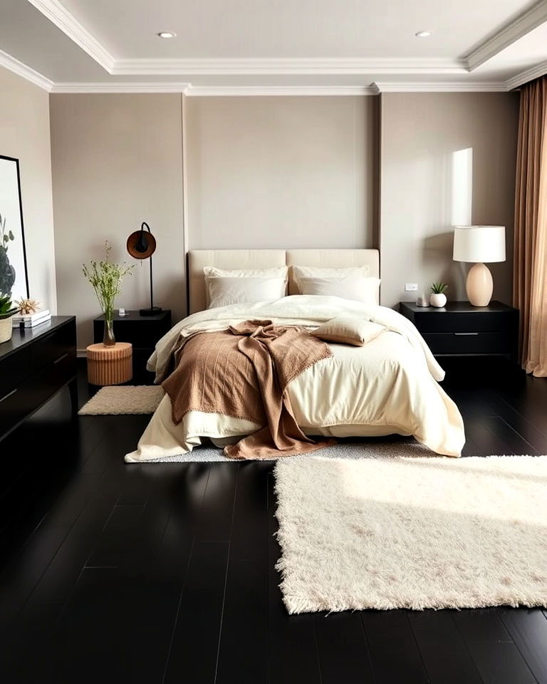 black floor with neutral bedding - 20 Black Floor Bedroom Ideas