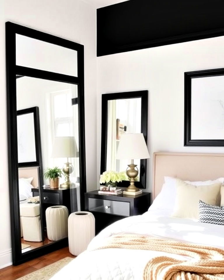 black framed mirror for bedroom - 35 Cream and Black Bedroom Ideas