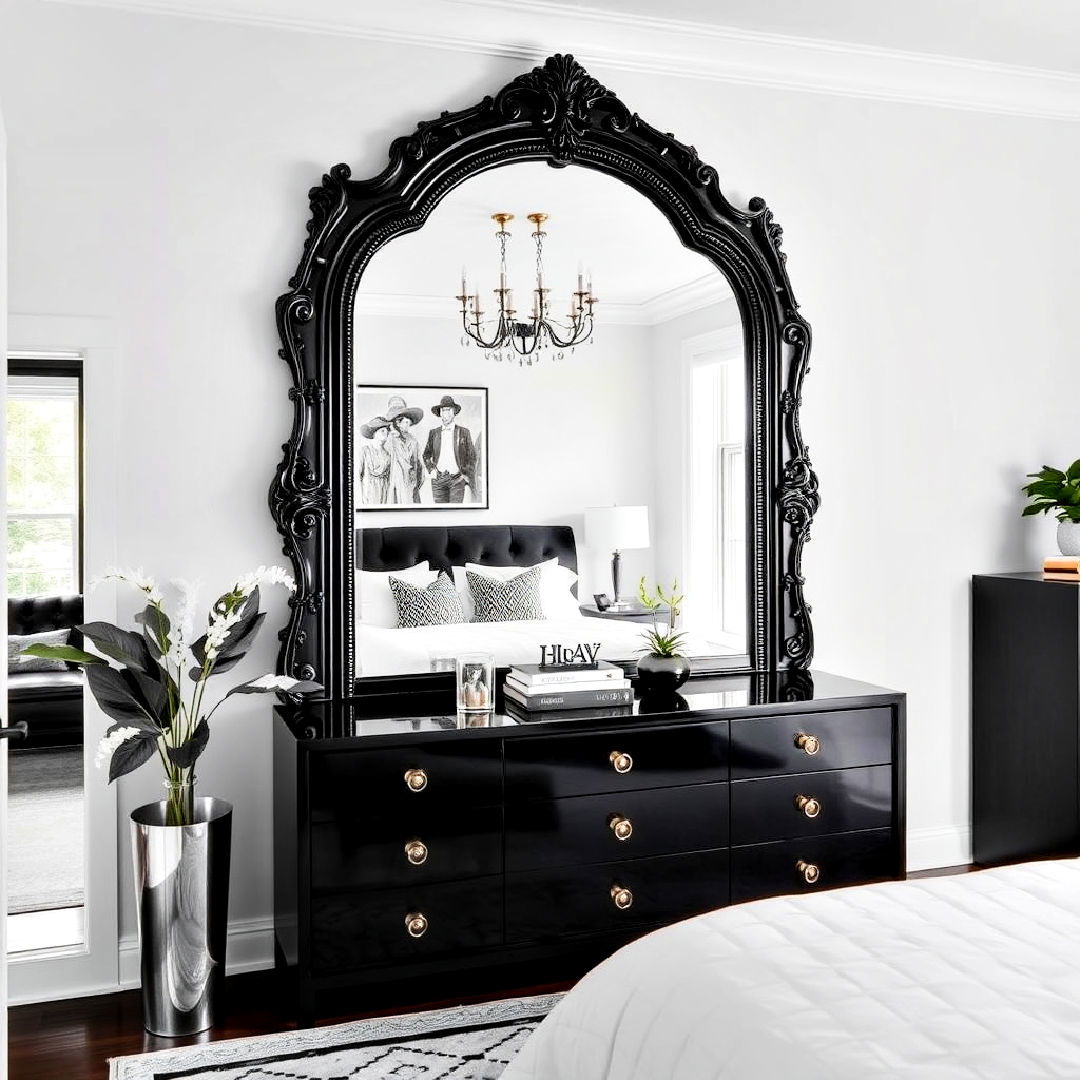 black framed statement mirror - 40 Black and White Bedroom Ideas