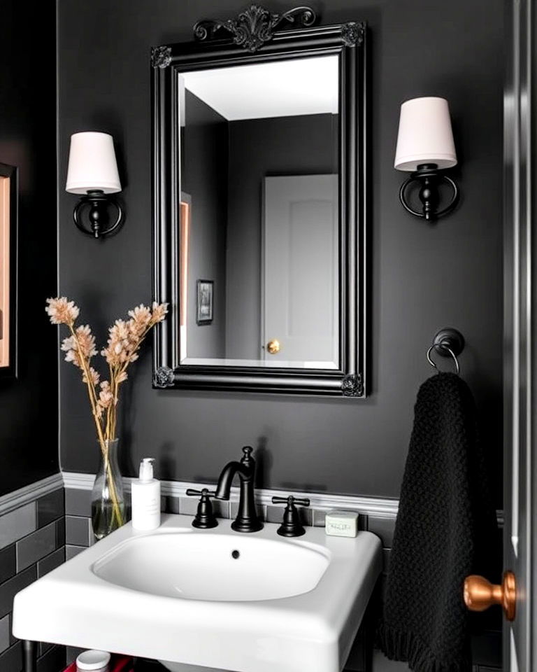 black framed vintage mirror - 25 Black Powder Room Ideas