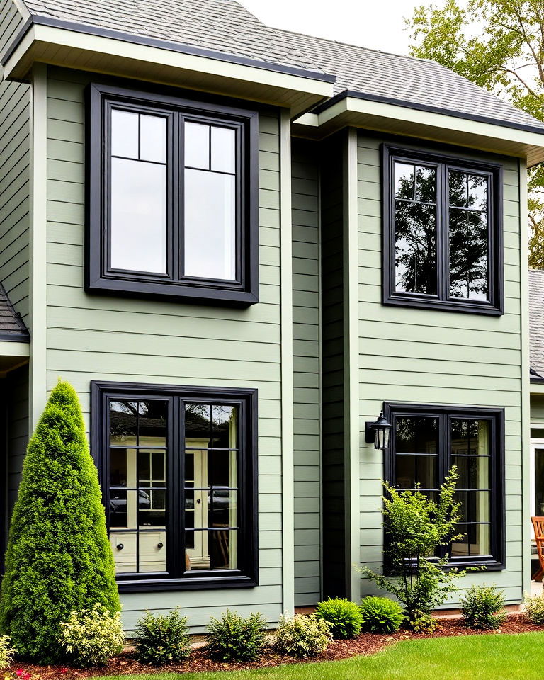 black framed windows on sage green house - 30 Sage Green House Exterior Ideas