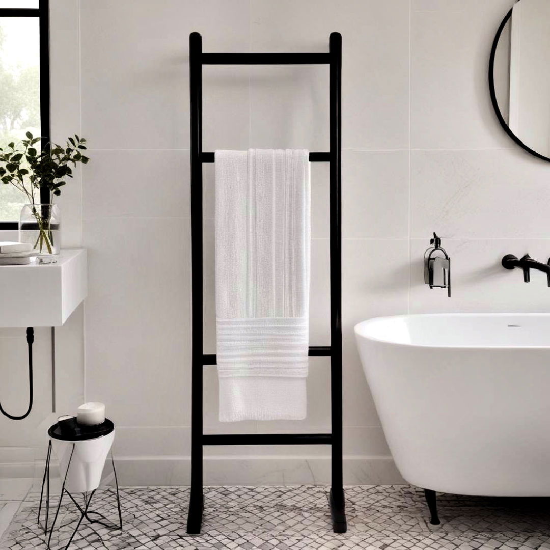 black freestanding towel rack - 40 Black and White Bathroom Ideas