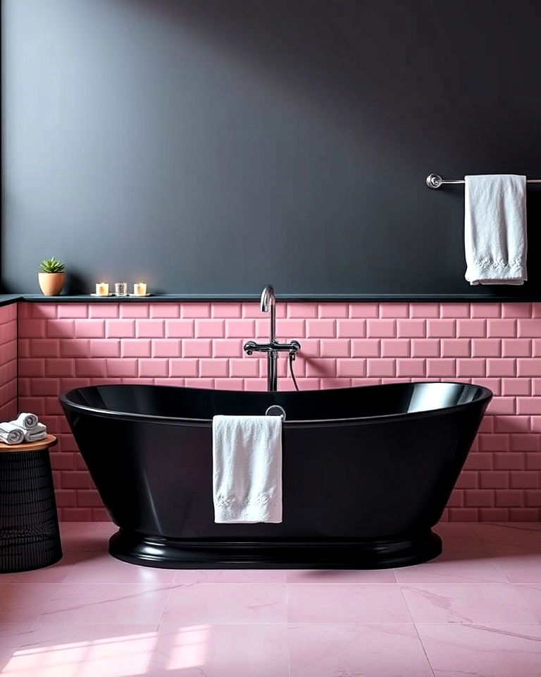 black freestanding tub and pink surround - 25 Pink and Black Bathroom Ideas