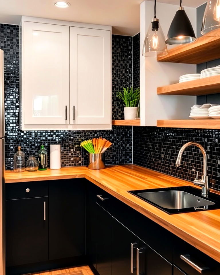 black glass mosaic backsplash - 30 Kitchen With Black Backsplash