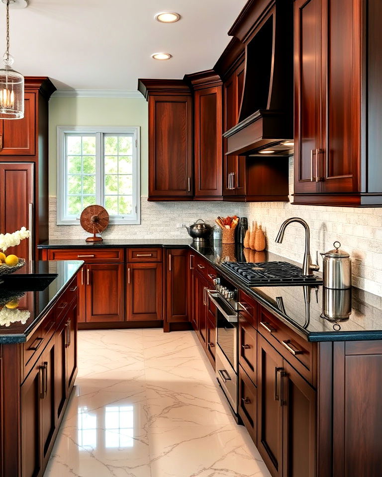 black granite counters and mahogany shaker cabinets - 25 Brown Kitchen Cabinets With Black Countertops