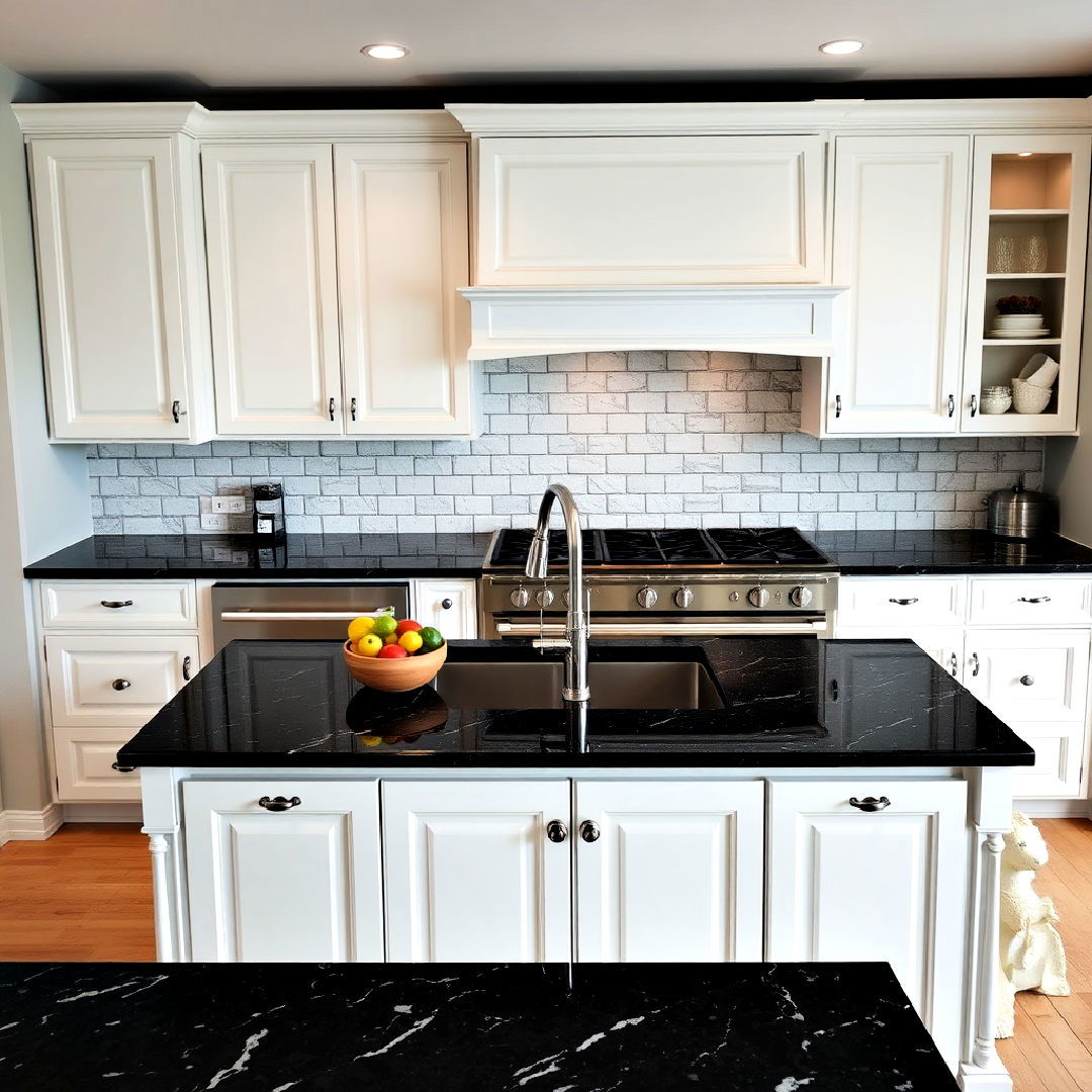 black granite countertops and white cabinets - 40 Black and White Kitchen Ideas