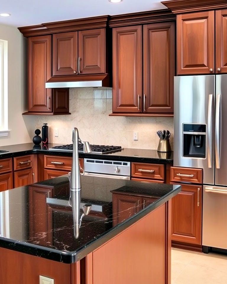 black granite countertops for brown kitchen cabinets - 20 Kitchen with Brown Cabinets and Black Countertops Ideas