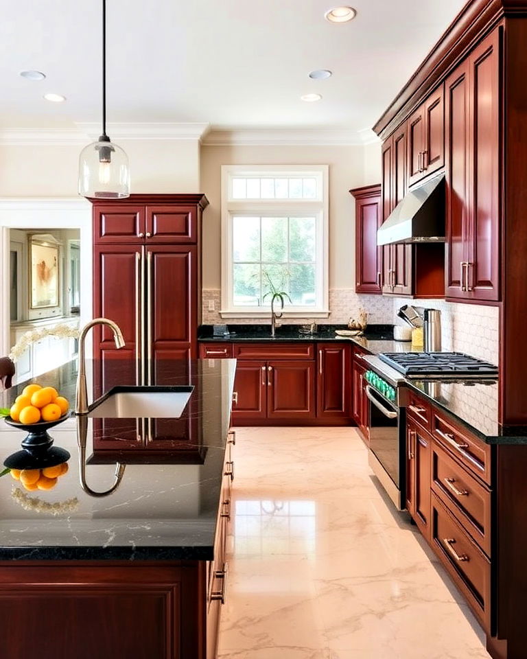 black granite with dark cherry cabinets - 25 Brown Kitchen Cabinets With Black Countertops
