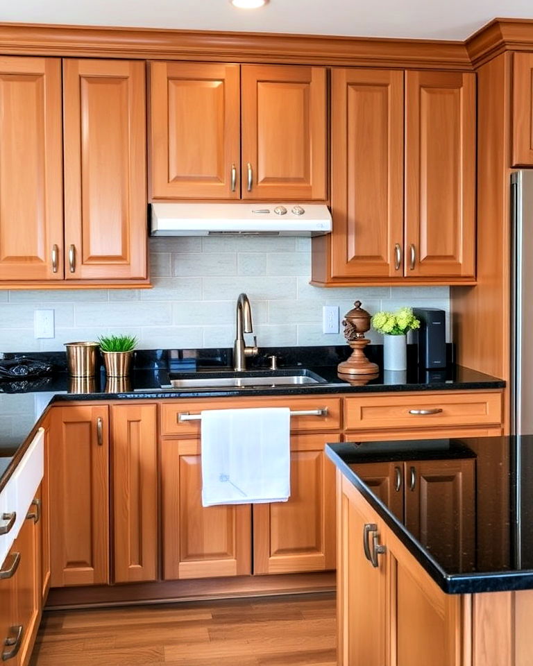 black granite with light brown shaker cabinets - 25 Brown Kitchen Cabinets With Black Countertops