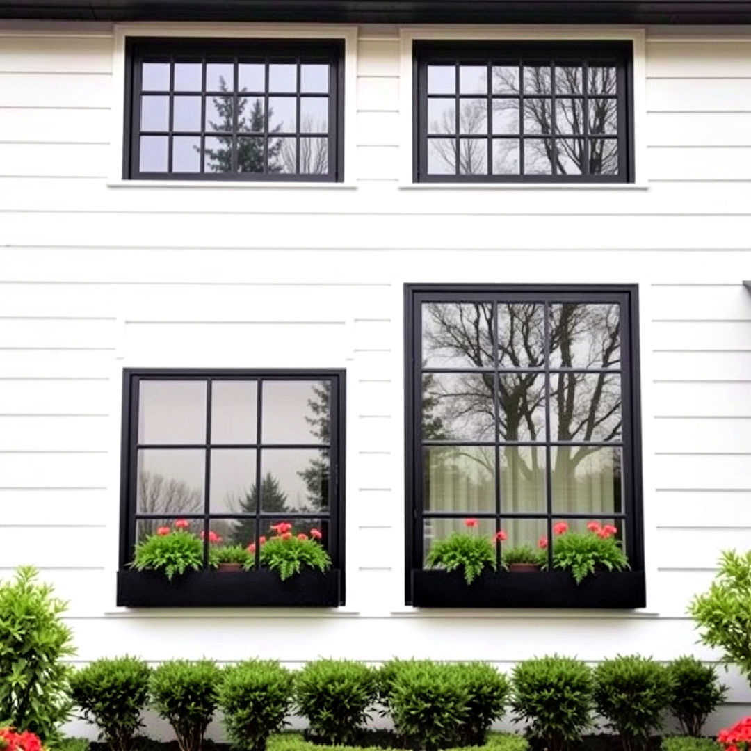 black grid windows for white farmhouse - 25 White Farmhouse With Black Windows Ideas