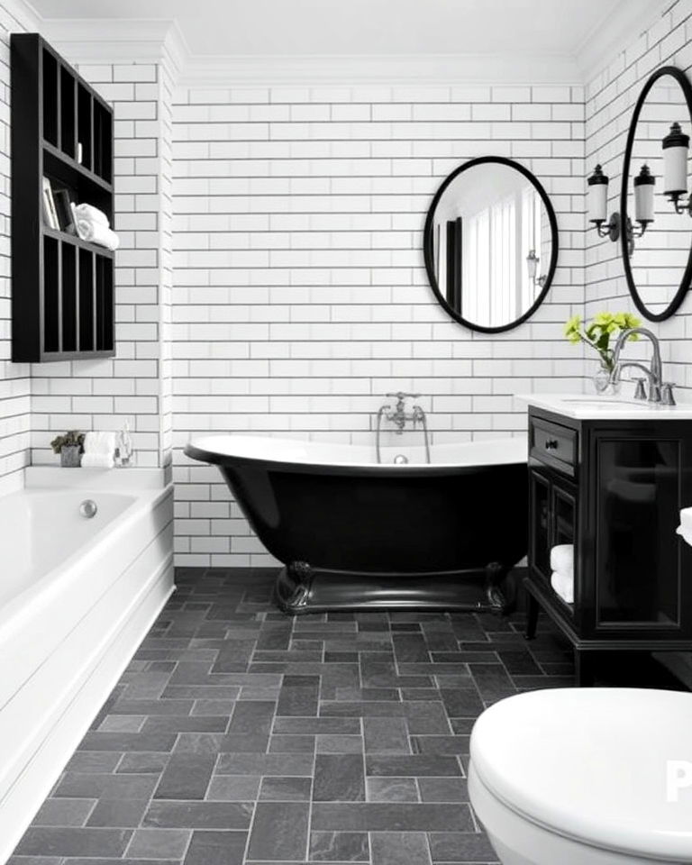 black grouted white subway tiles floor - 20 Black Floor Bathroom With White Walls Ideas