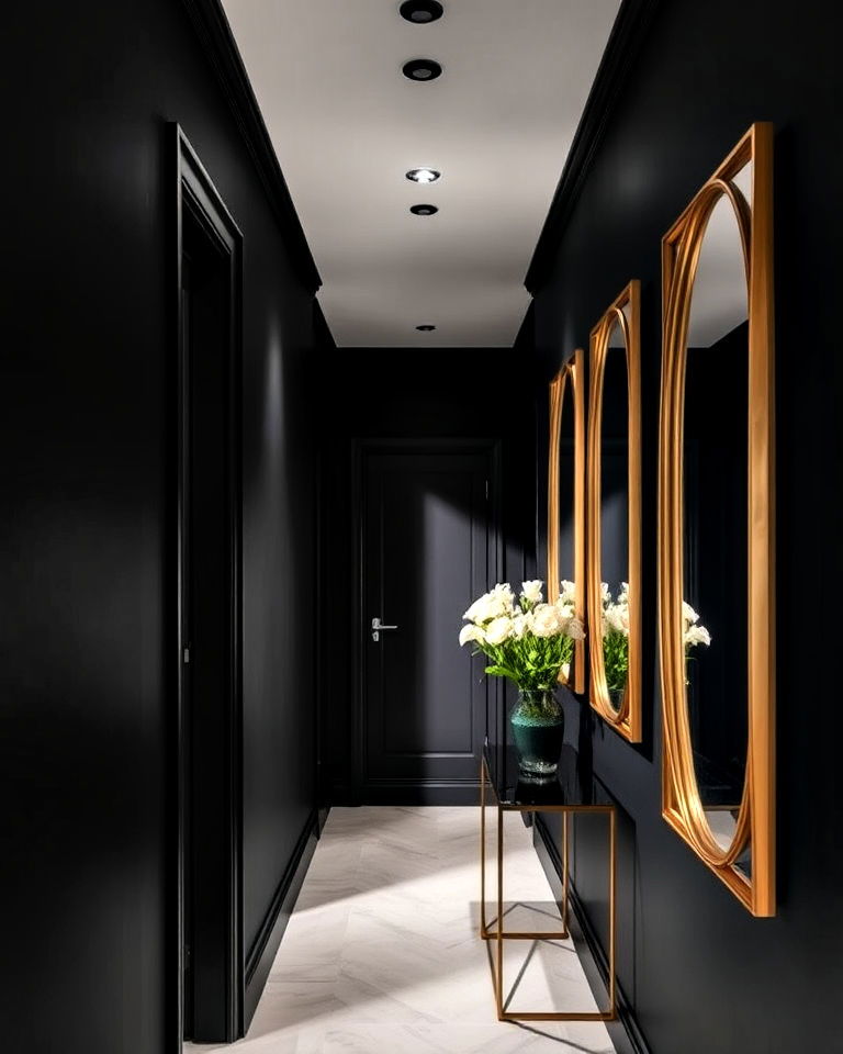 black hallway with mirrors - 15 Black Hallway Ideas