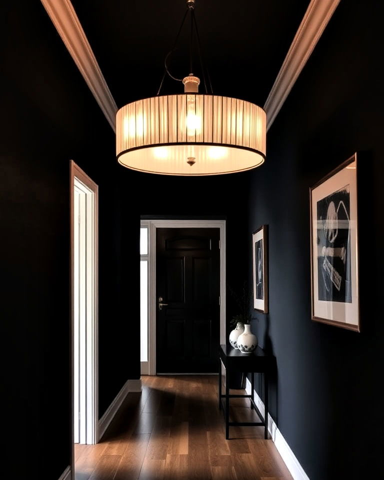 black hallway with statement lighting - 15 Black Hallway Ideas