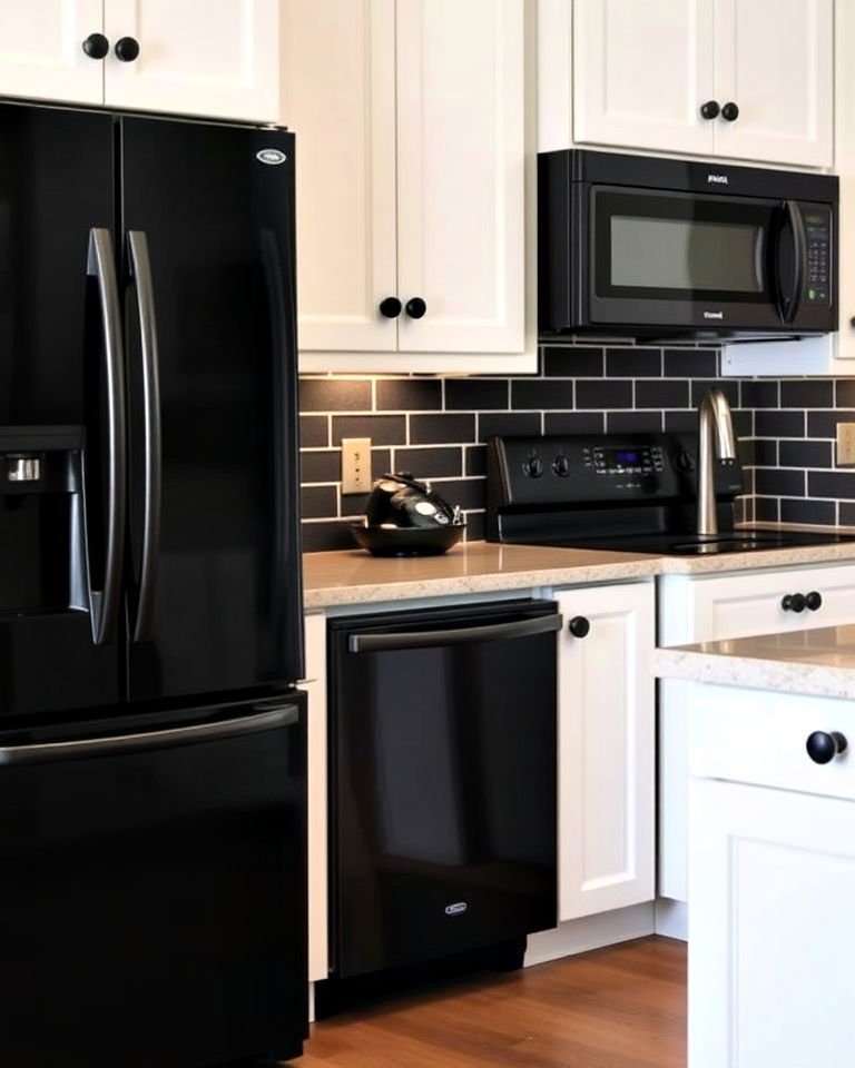 black hardware and appliances for white cabinets - 25 White Kitchen with Black Appliances Ideas