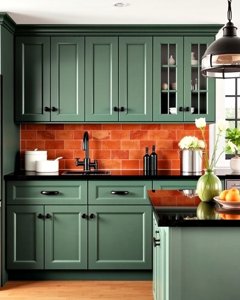 black hardware to create coordinated look - 20 Green Kitchen Cabinets With Black Countertops