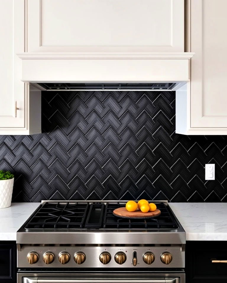 black herringbone tile backsplash - 30 Kitchen With Black Backsplash