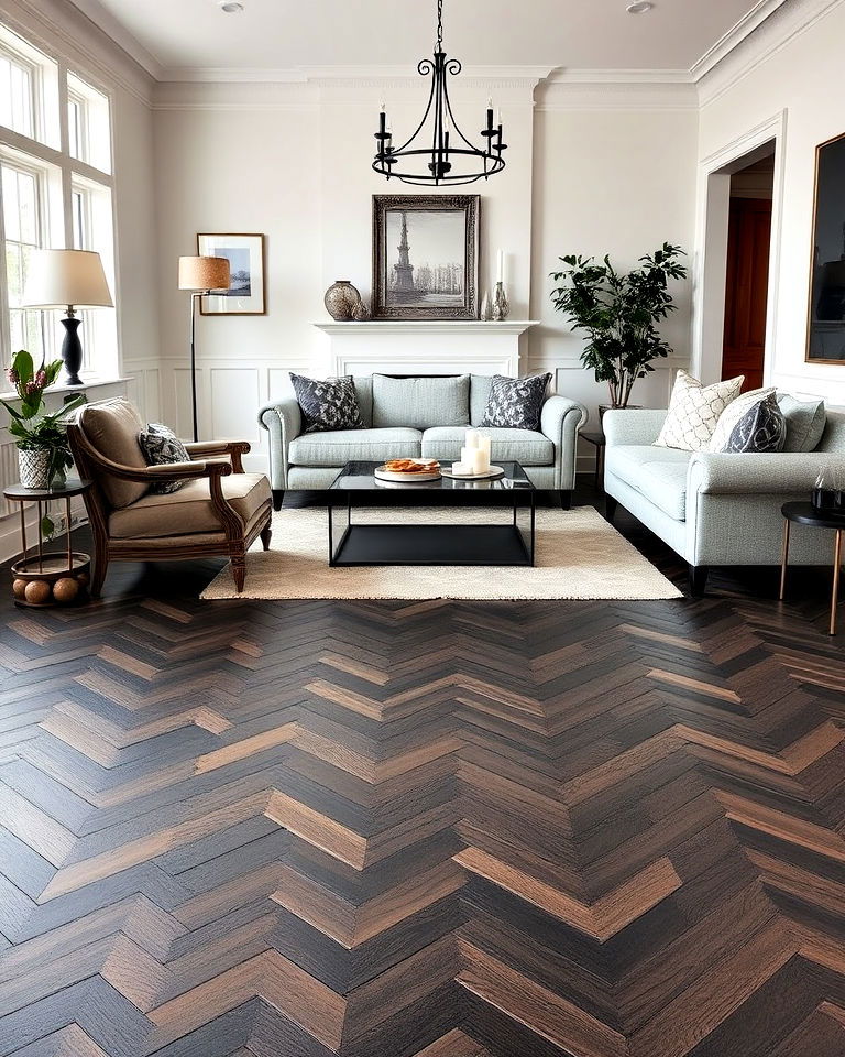 black herringbone wood floor for living room - 25 Black Floor Living Room Ideas