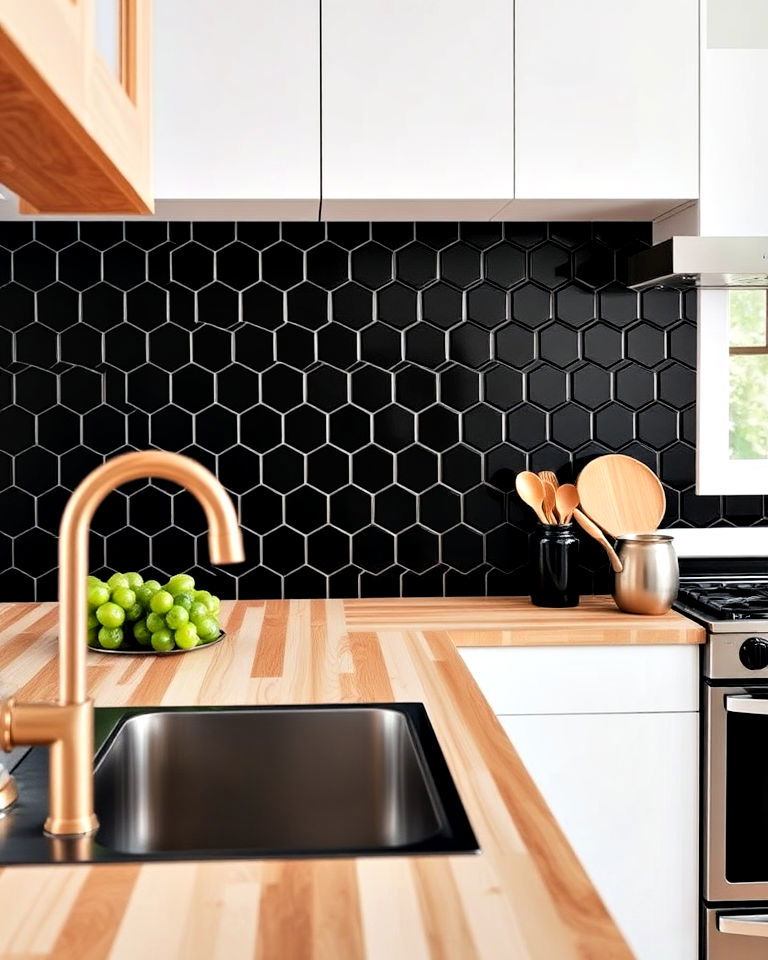 black hexagon tiles for kitchen backsplash - 30 Kitchen With Black Backsplash