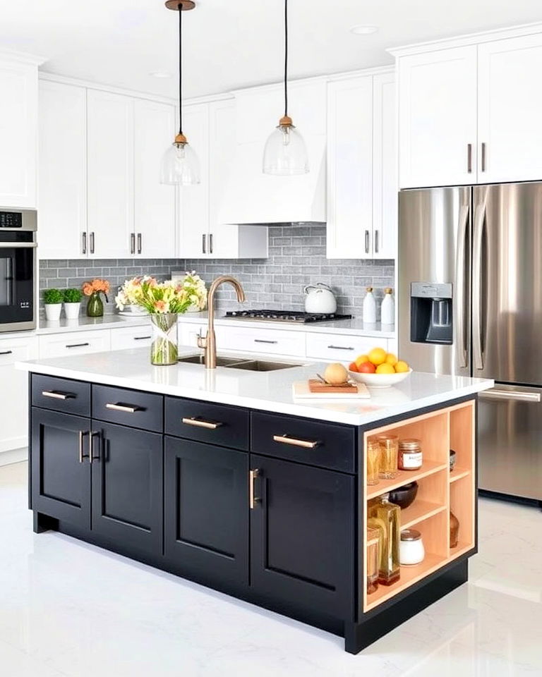 black island with built in storage - 20 White Kitchen Ideas With Black Island