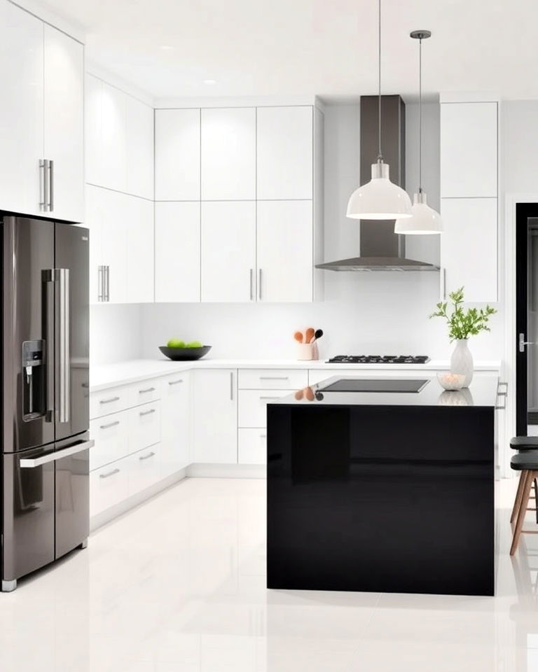 black island with minimalist white kitchen - 20 White Kitchen Ideas With Black Island