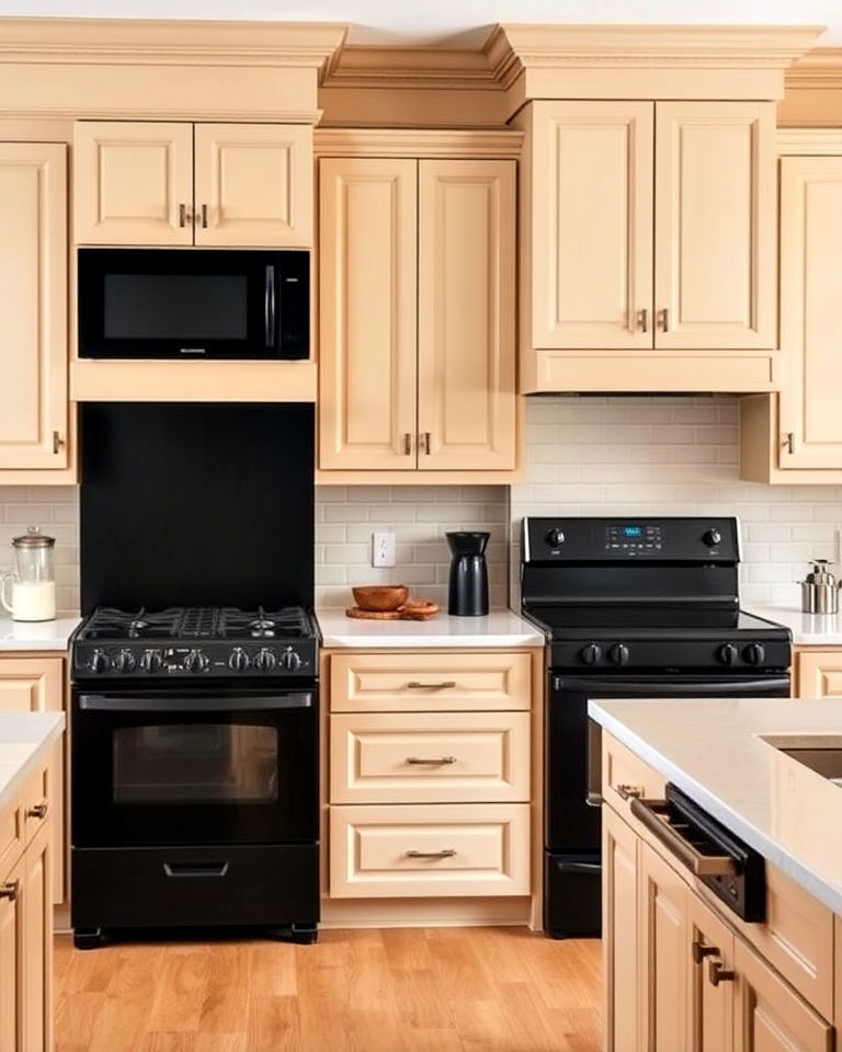 black kitchen appliances with beige cabinetry - 20 Black and Beige Kitchen Ideas