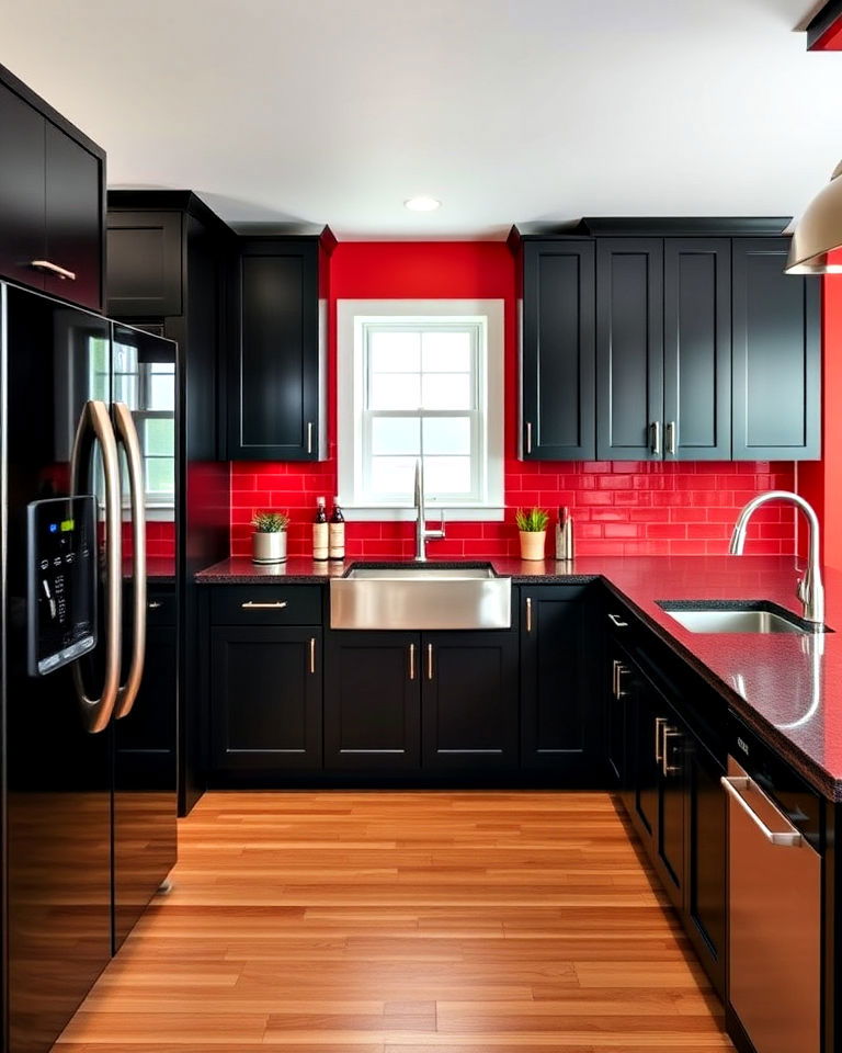 black kitchen appliances with red walls - 25 Red and Black Kitchen Ideas