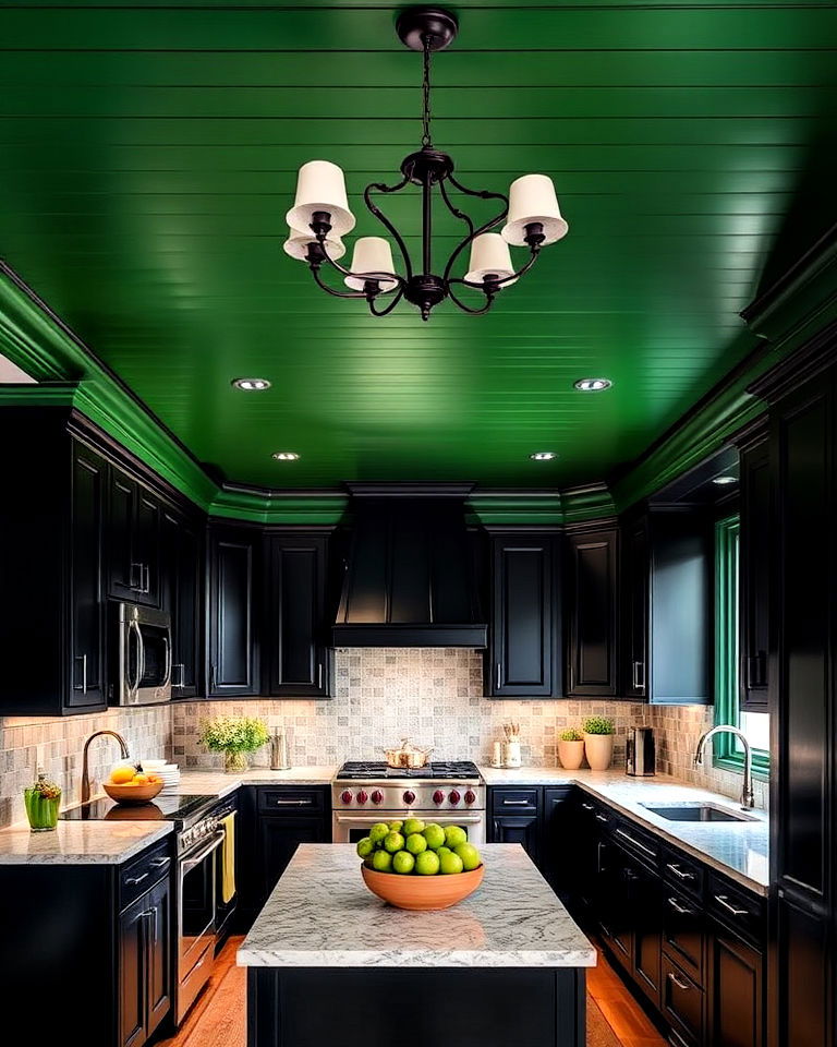 black kitchen cabinets and green painted ceiling - 30 Black and Green Kitchen Ideas