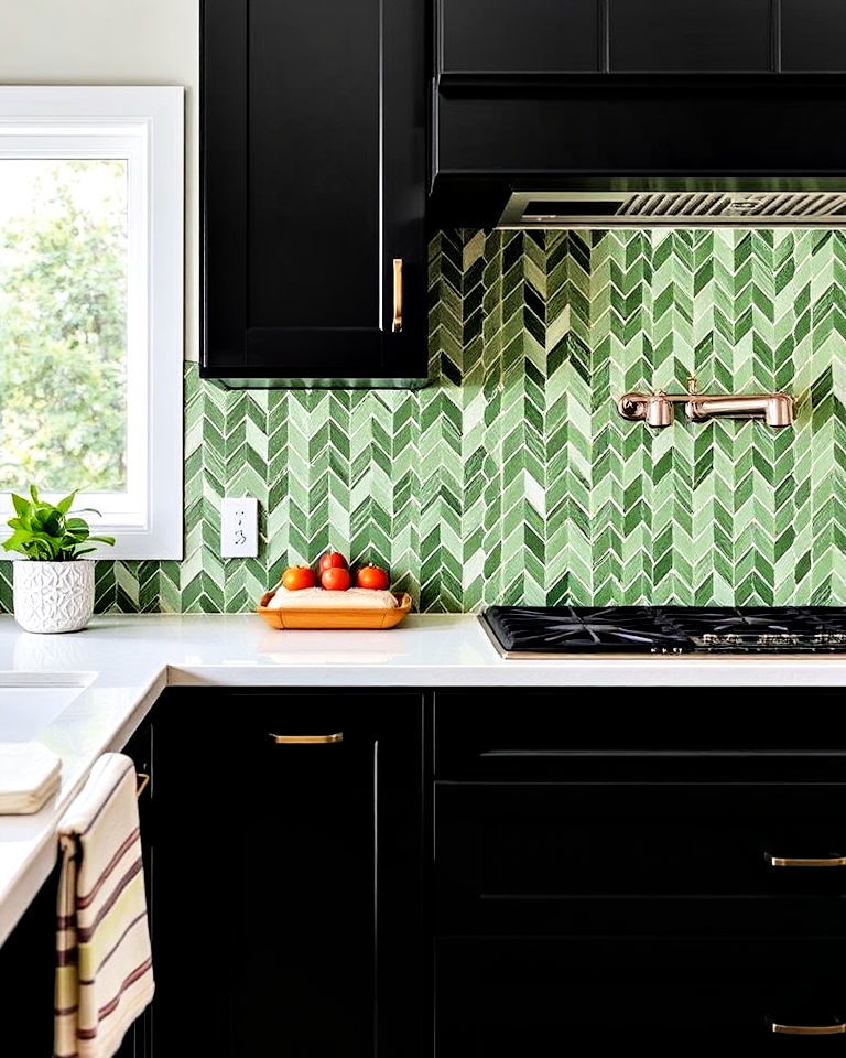 black kitchen cabinets with green herringbone backsplash - 30 Black and Green Kitchen Ideas