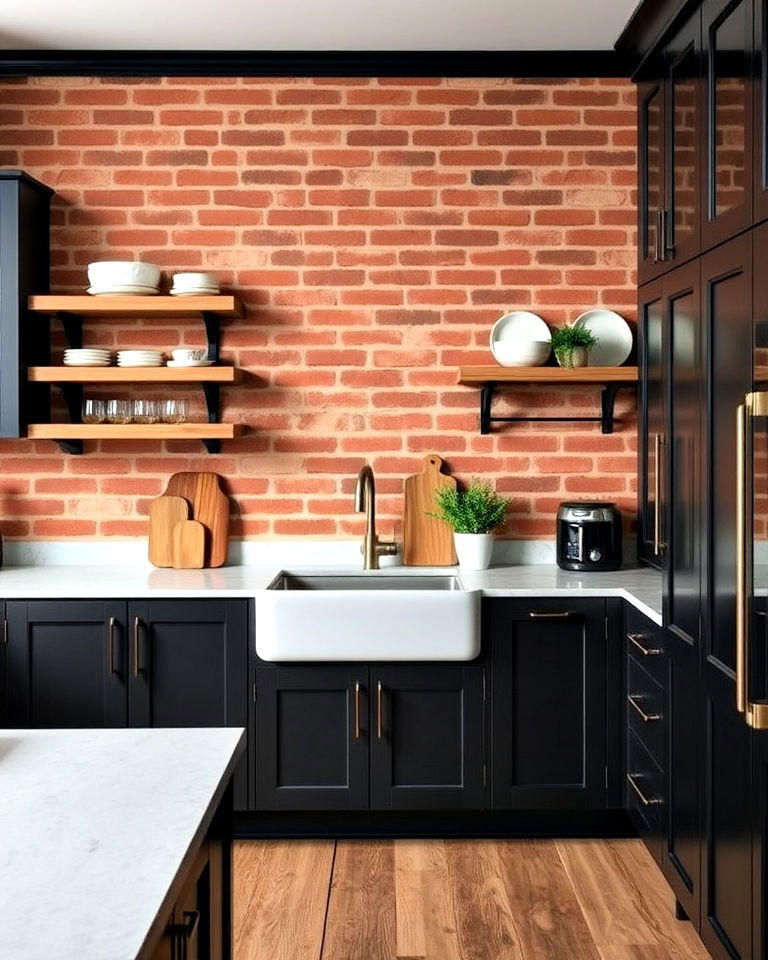black kitchen cabinets with red brick wall - 25 Red and Black Kitchen Ideas
