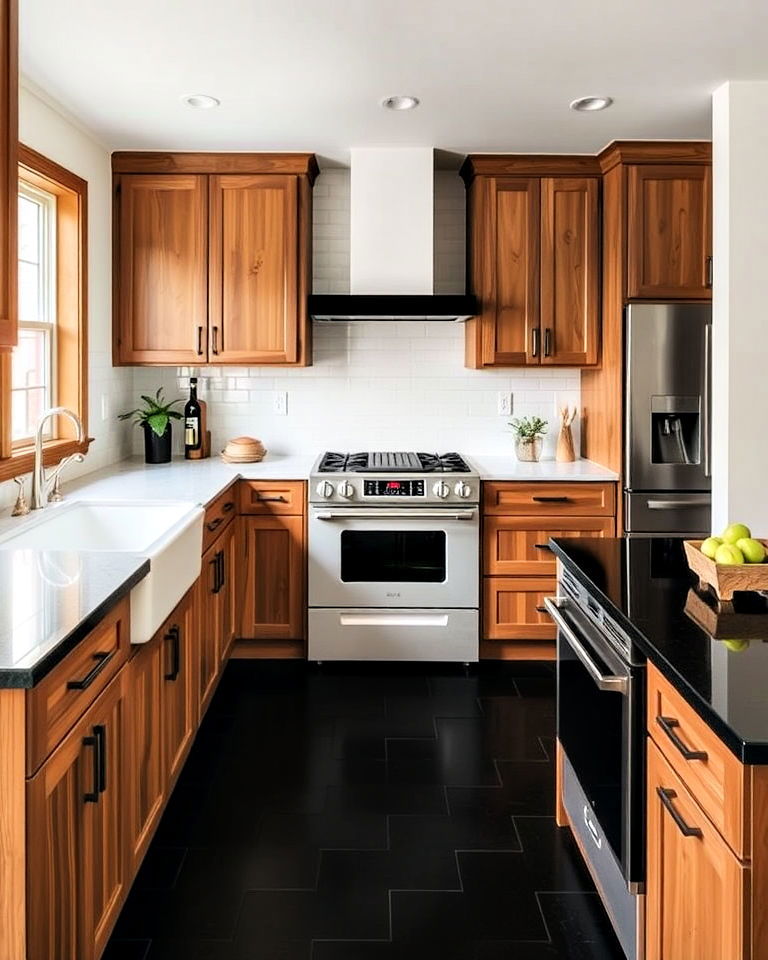 black kitchen floor tiles with wooden cabinets - 20 Black and Brown Kitchen Ideas