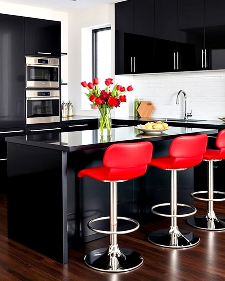 black kitchen island and red bar stools - 25 Red and Black Kitchen Ideas