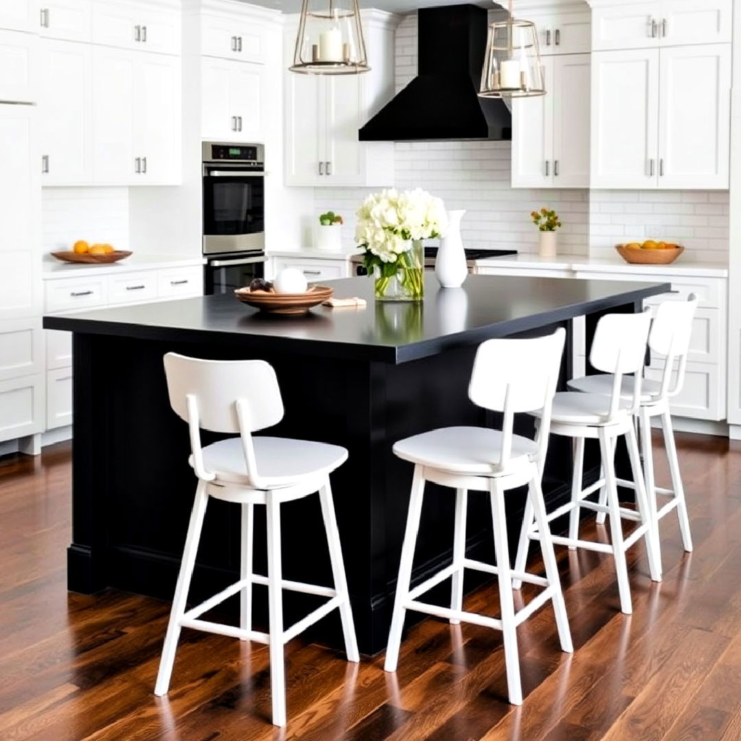 black kitchen island and white bar stools - 40 Black and White Kitchen Ideas
