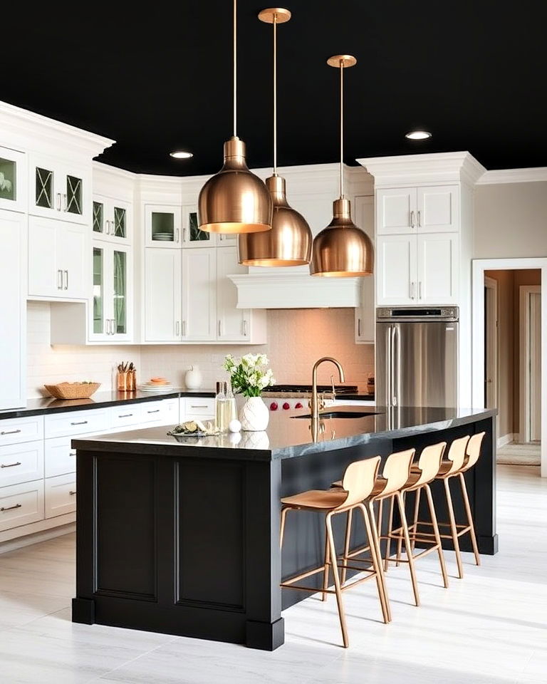 black kitchen island with dramatic pendant lights - 20 White Kitchen Ideas With Black Island