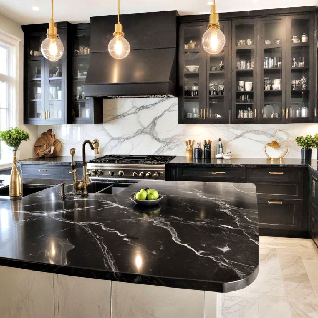 black kitchen with marble countertop - 40 Black Kitchen Ideas