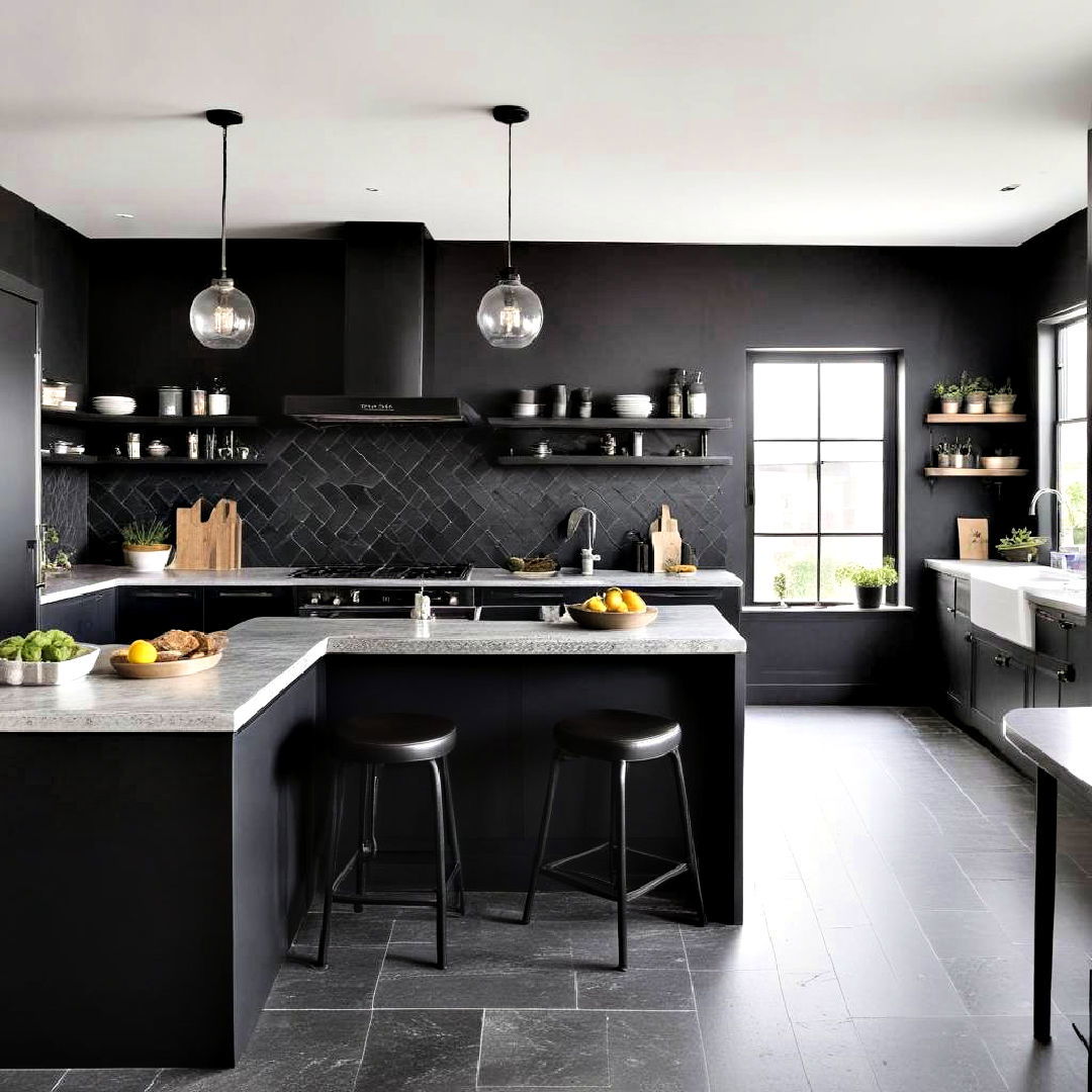 black kitchen with monochrome palette - 40 Black Kitchen Ideas