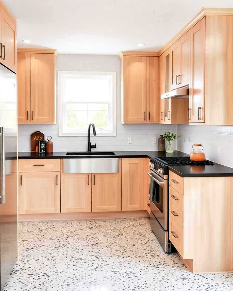 black laminate countertops for maple cabinets - 25 Brown Kitchen Cabinets With Black Countertops