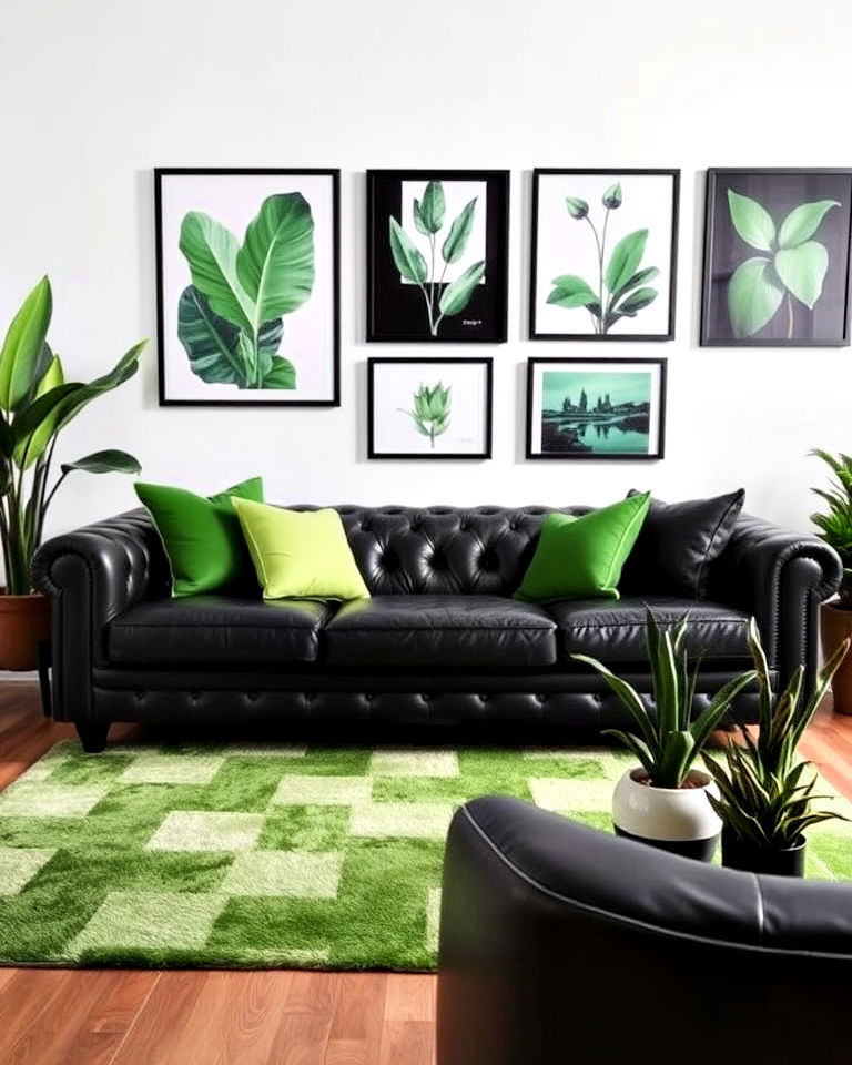 black leather sofa and green decor for living room - 30 Black and Green Living Room Ideas