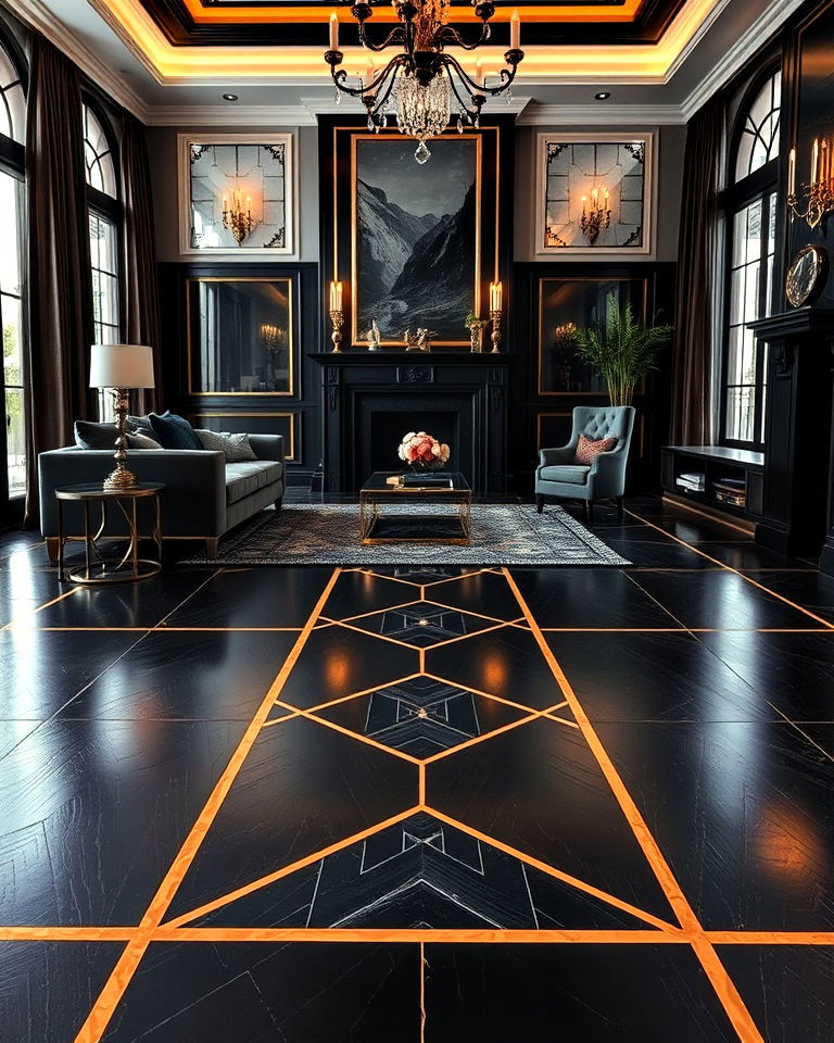 black living room floor with gold inlay - 25 Black Floor Living Room Ideas