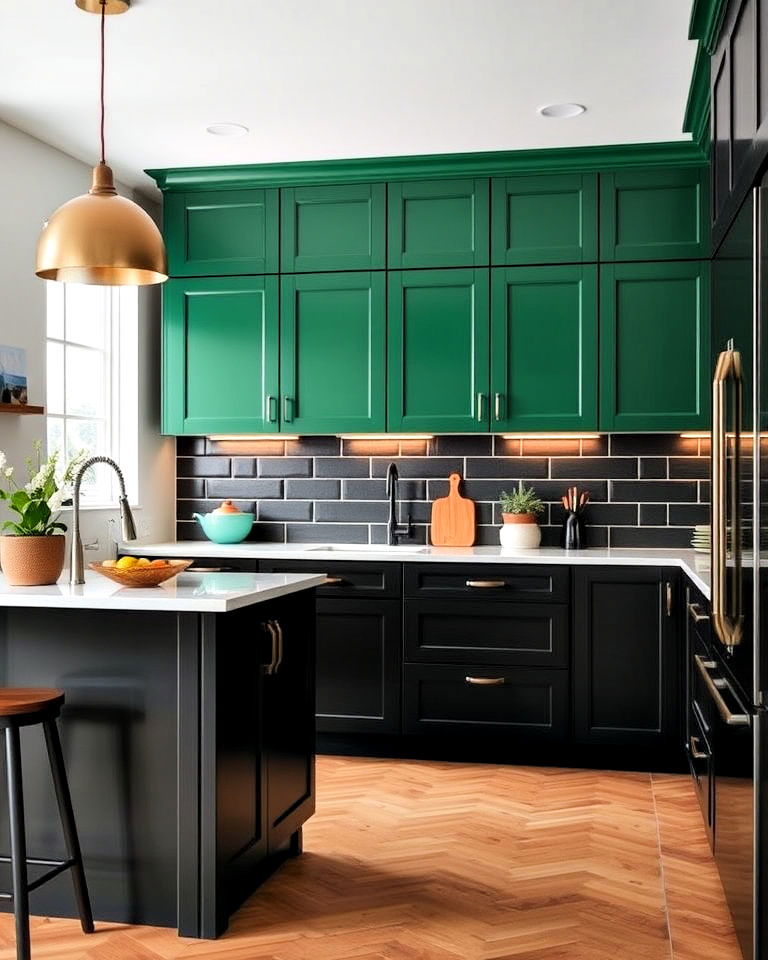 black lower cabinets and green upper cabinets - 30 Black and Green Kitchen Ideas