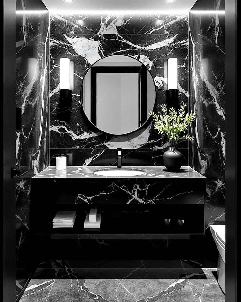black marble accents for powder room - 25 Black Powder Room Ideas