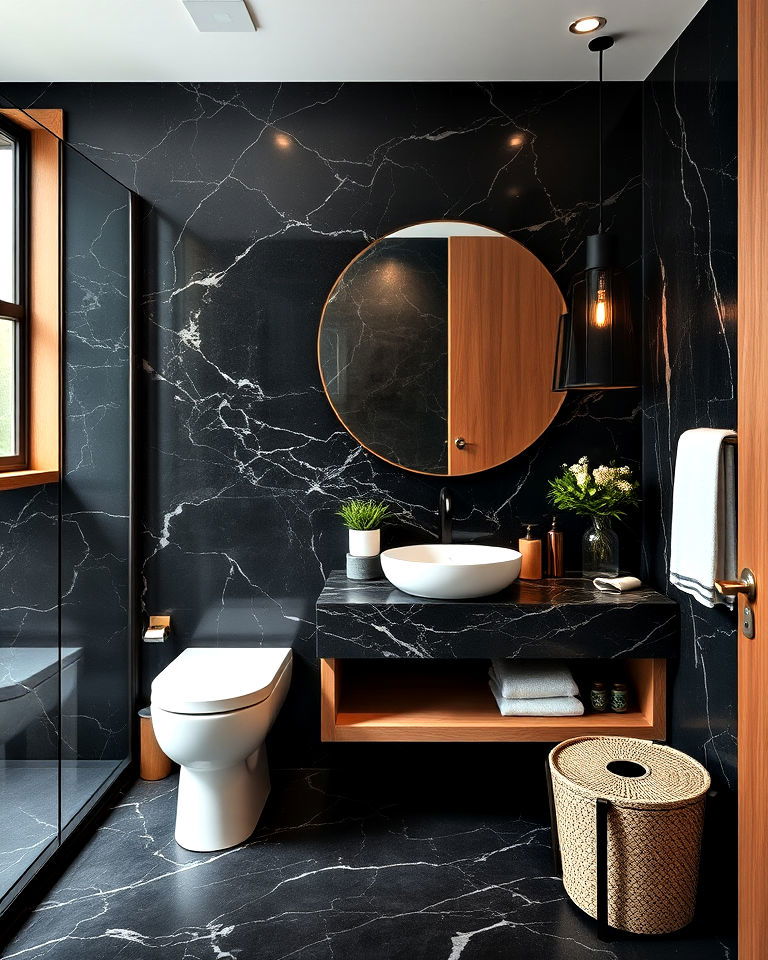 black marble bathroom with wood combo - 20 Black Marble Bathrooms